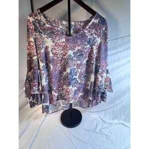 Rose + Olive Floral V-Neck Blouse Purple Blue Tiered Bell Sleeve Top Large